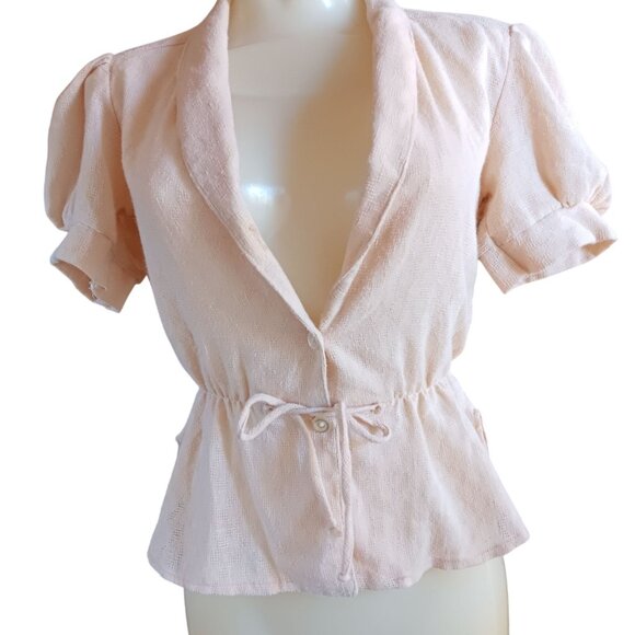 Vintage Women's Medium Peasant Top 1970's Cream Textured Boho Mom Peplum Blouse - Picture 2 of 6